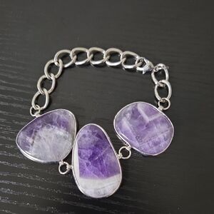 Amethyst Stone Bracelet Silver Tone Chunky Chain Boho Statement Jewelry